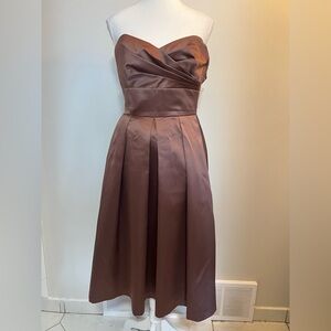 After Six Bronze Satin Strapless Midi Dress Pleated Formal Gown size small